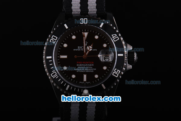Rolex Submariner Pro-Hunter Oyster Perpetual Swiss ETA 2836 with Black Dial and Case-White Marking and Nylon Strap Vintage Edition - Click Image to Close